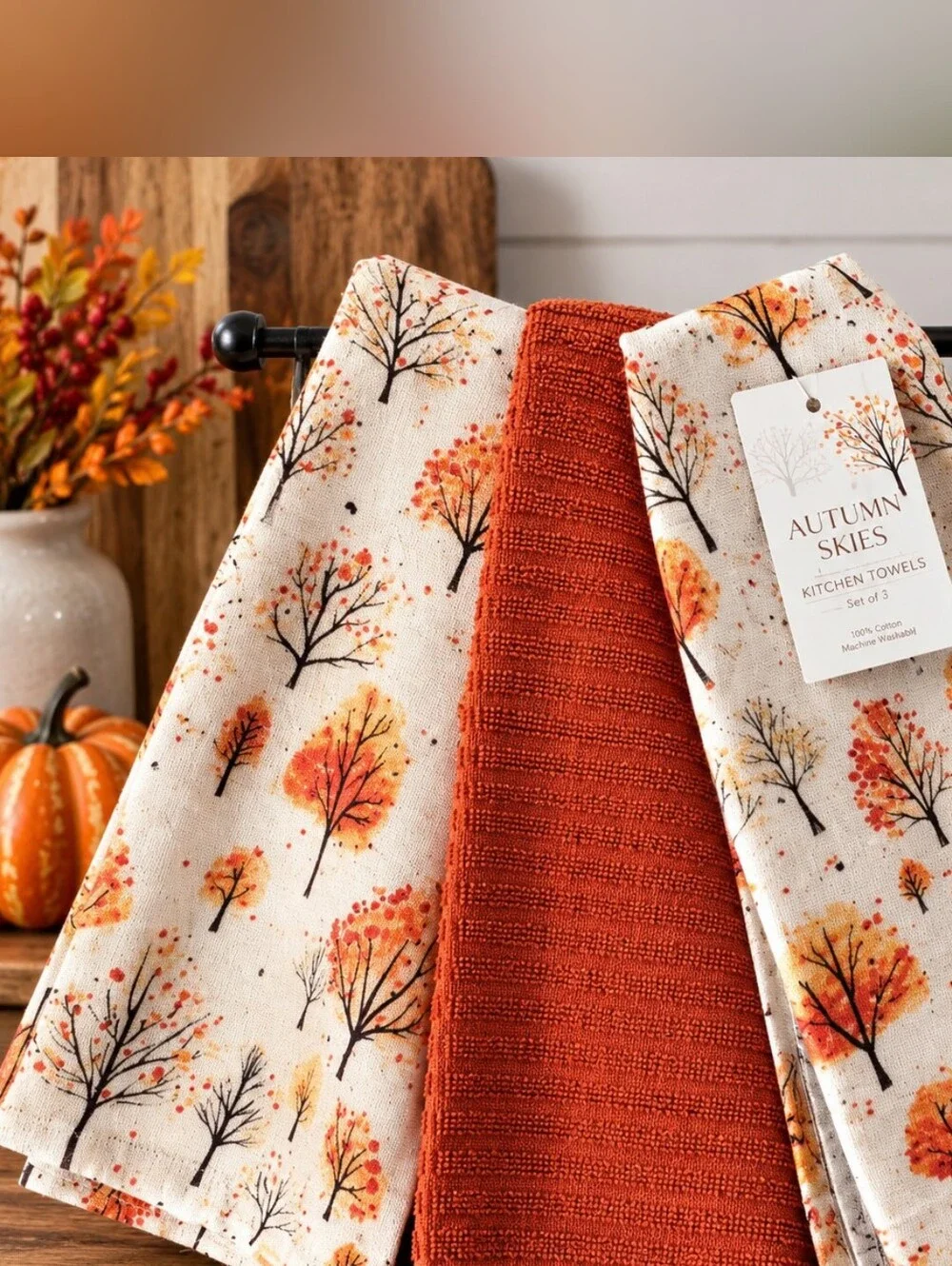 Kitchen Towels - Rust & Cream Tree Print Set